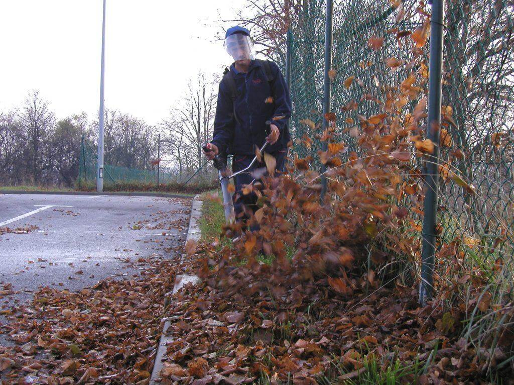mężczyzna sprzątający liście
